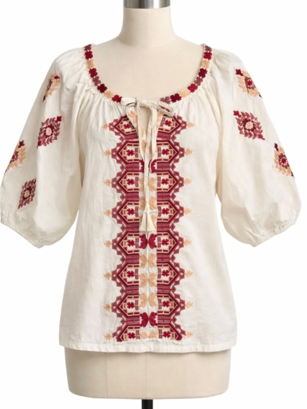 🤍 Solitaire Embroidered Peasant Blouse | M | Cream Multi